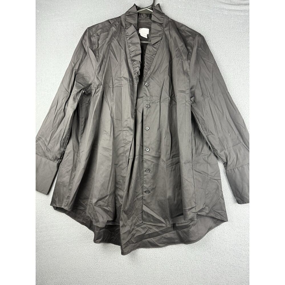 Chicos Hi Low Buttondown Shirt Womens Sz 1 US 8/10 Ruffle Neck Long Sleeve Black